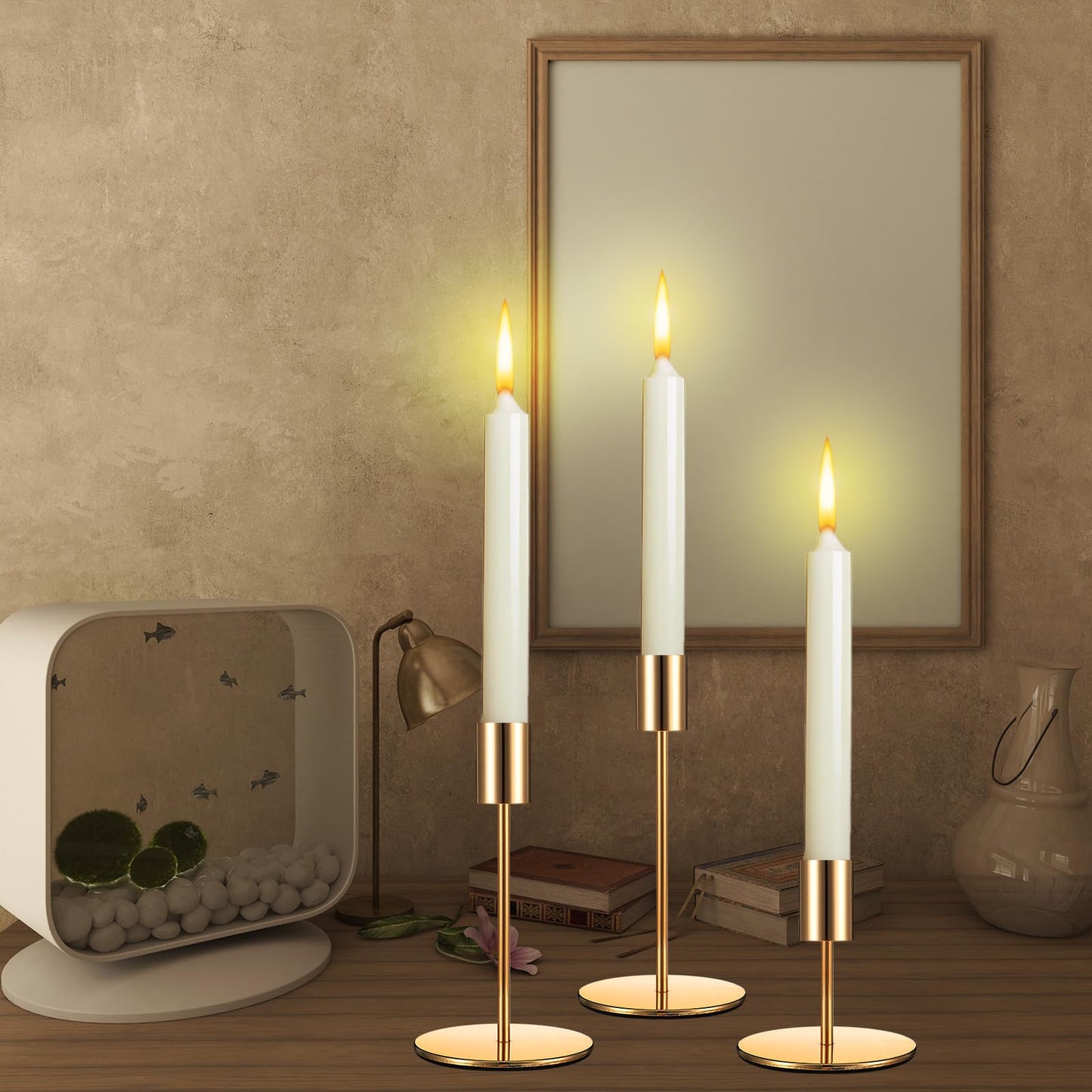 6 Pcs Gold Taper Candle Holders Set, Metal Candlestick Holder for Dining Table Centerpiece, Wedding, Mantel Decor, and Housewarming Gift