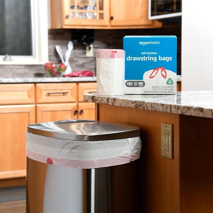 Amazon Basics 13 Gallon Tall Kitchen Drawstring Trash Bags, 10% Post Consumer