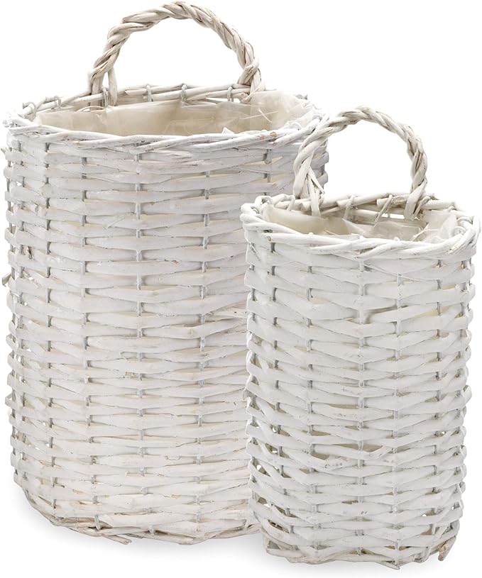 AuldHome Design Wall Hanging Baskets; Woven WIcker Rustic Farmhouse White