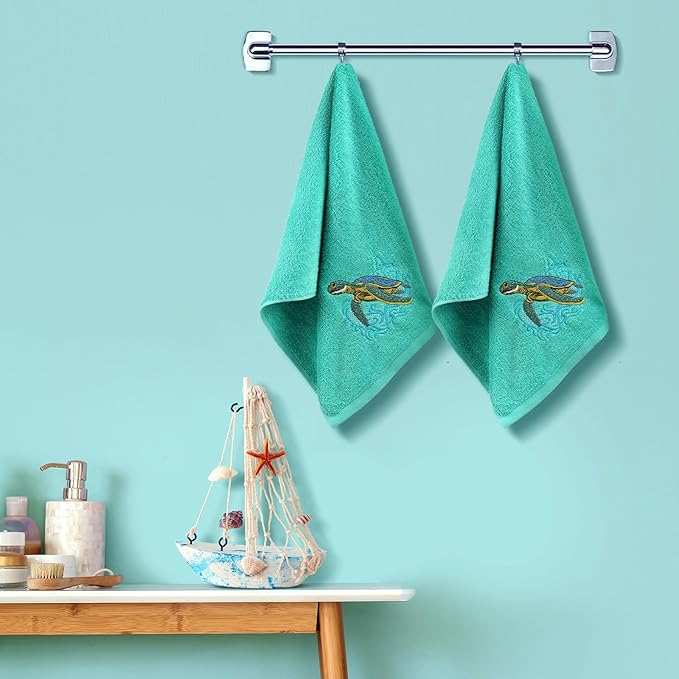 2 Pcs Sea Turtle Hand Towels Teal Bathroom Decor 14x29 Inch Embroidered 100%