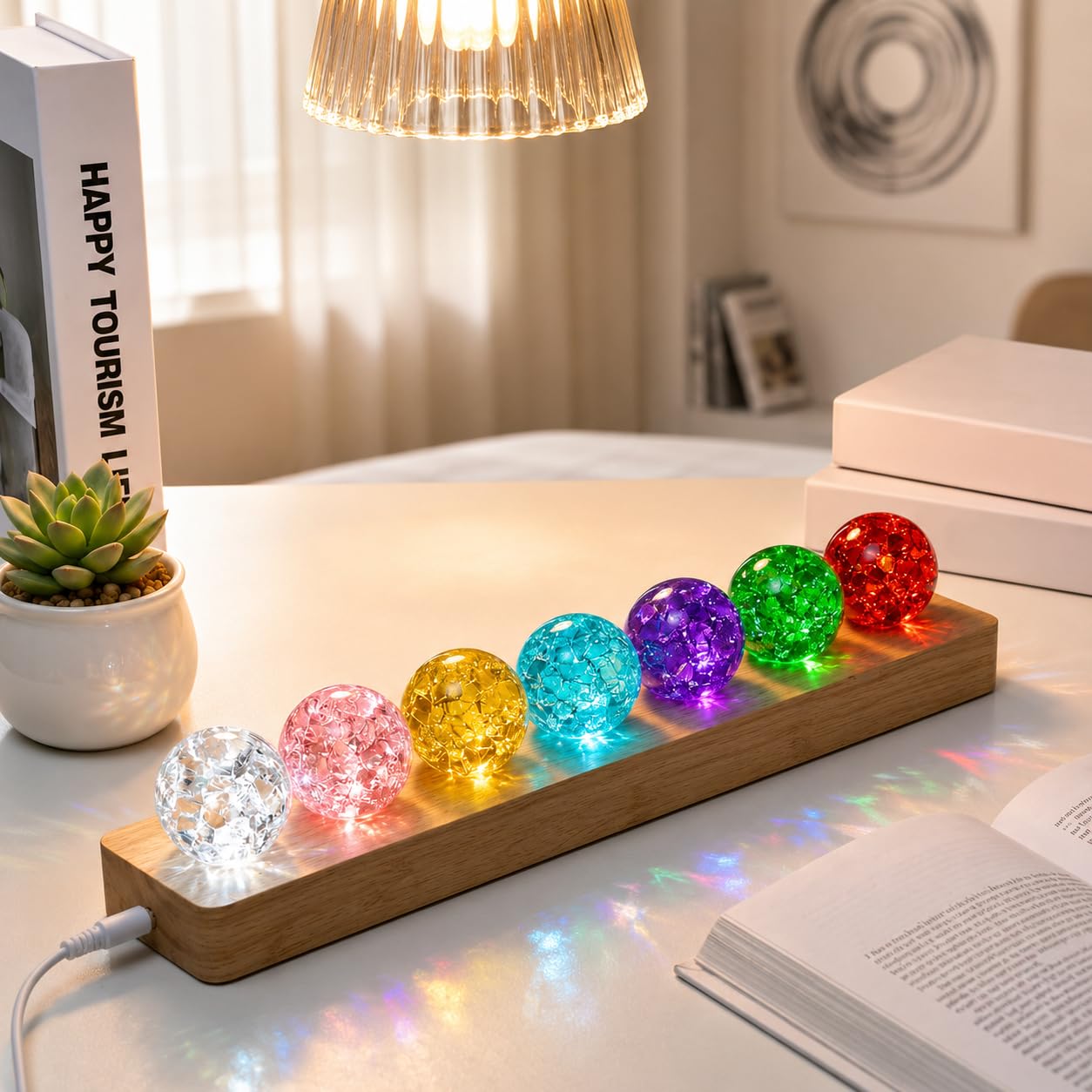 JINWU ClearPeak 7 Colors 40mm Ice Cracked Crystal Balls, Chakra Healing Sphere with LED Wooden Base, Glass Night Light for Home Living Room Meditation, Valentines Day (Set 7-Rainbow)