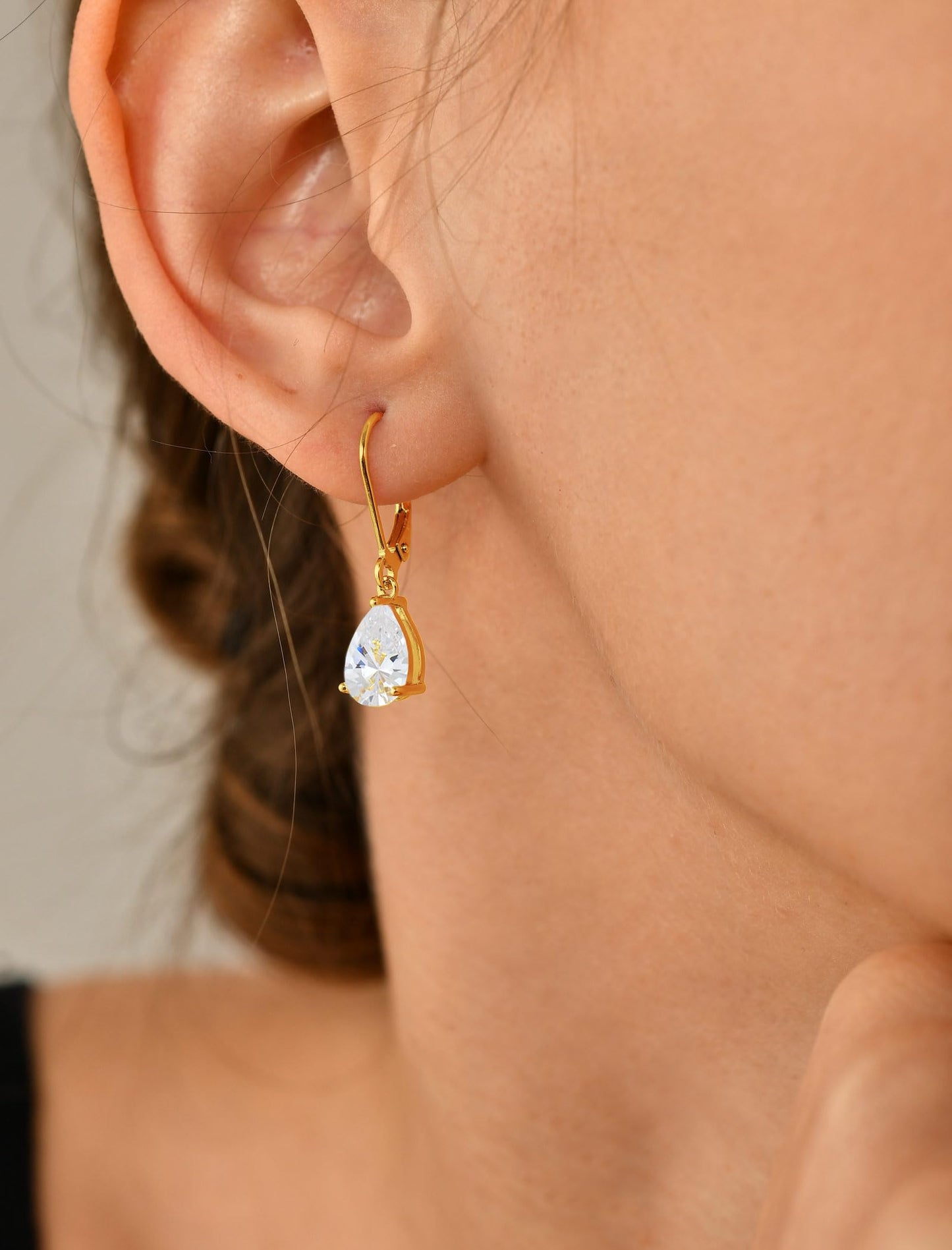 YL 925 Sterling Silver Teardrop Dangle Drop Earrings for Women 7x10 MM Solitaire Cubic Zirconia Leverback Jewelry with 18K Gold Plated