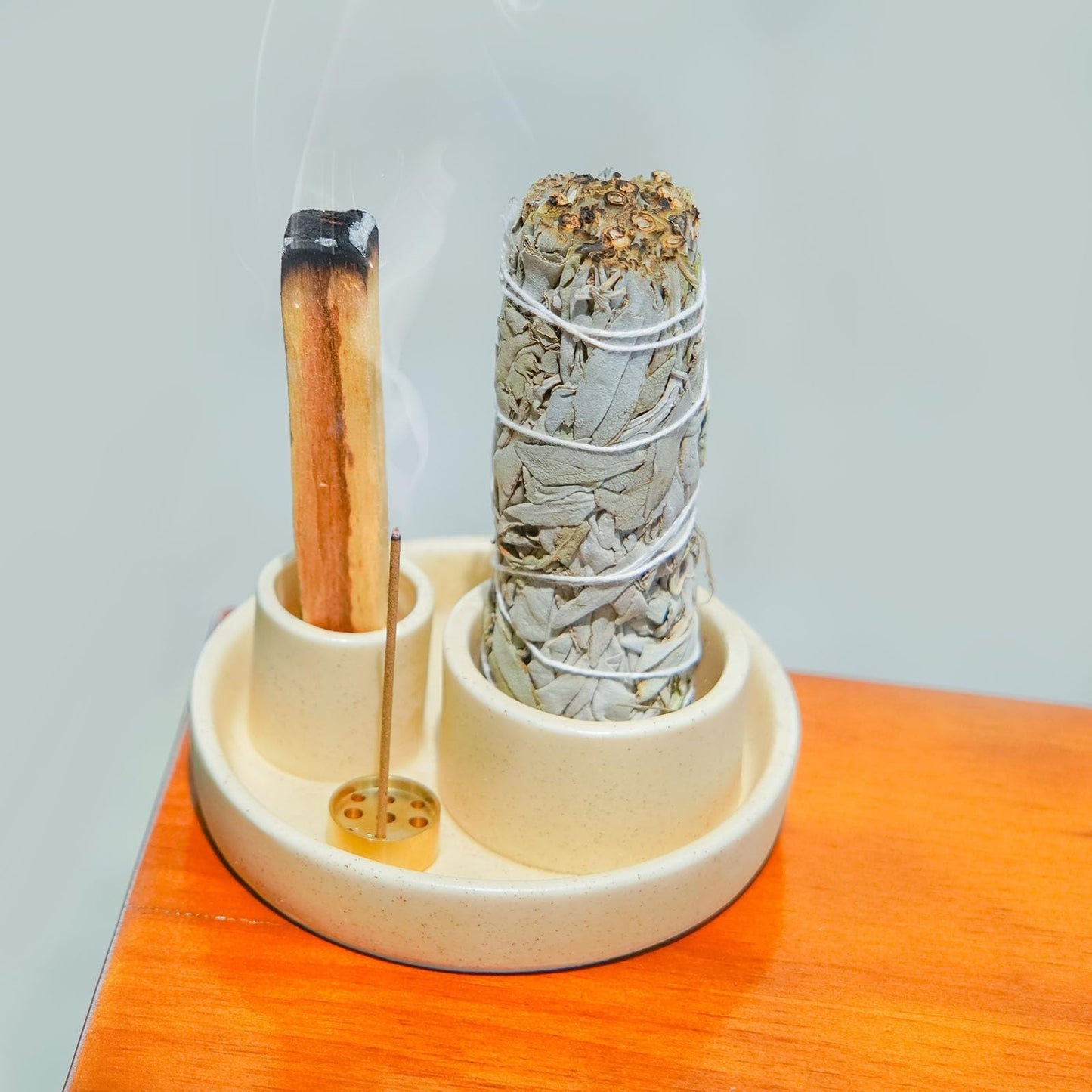 4 in 1 Incense Holder, Ceramic Incense Stick and Palo Santo Holder,Sage Holder for Burning- 4.25" Ceramic Ash Catcher Tray for Meditation and Yoga Room (Sand)