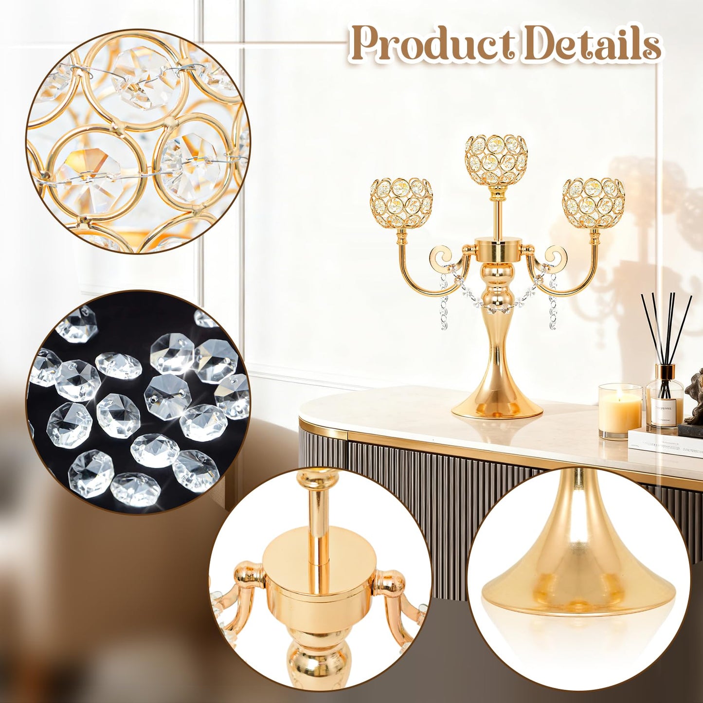 3-Arm Gold Metal Candelabra with Crystal Bowls, Tealight Holder Centerpiece for Birthday, Dining Table, Party Decor, Christmas and Home Decoration (6, Gold)