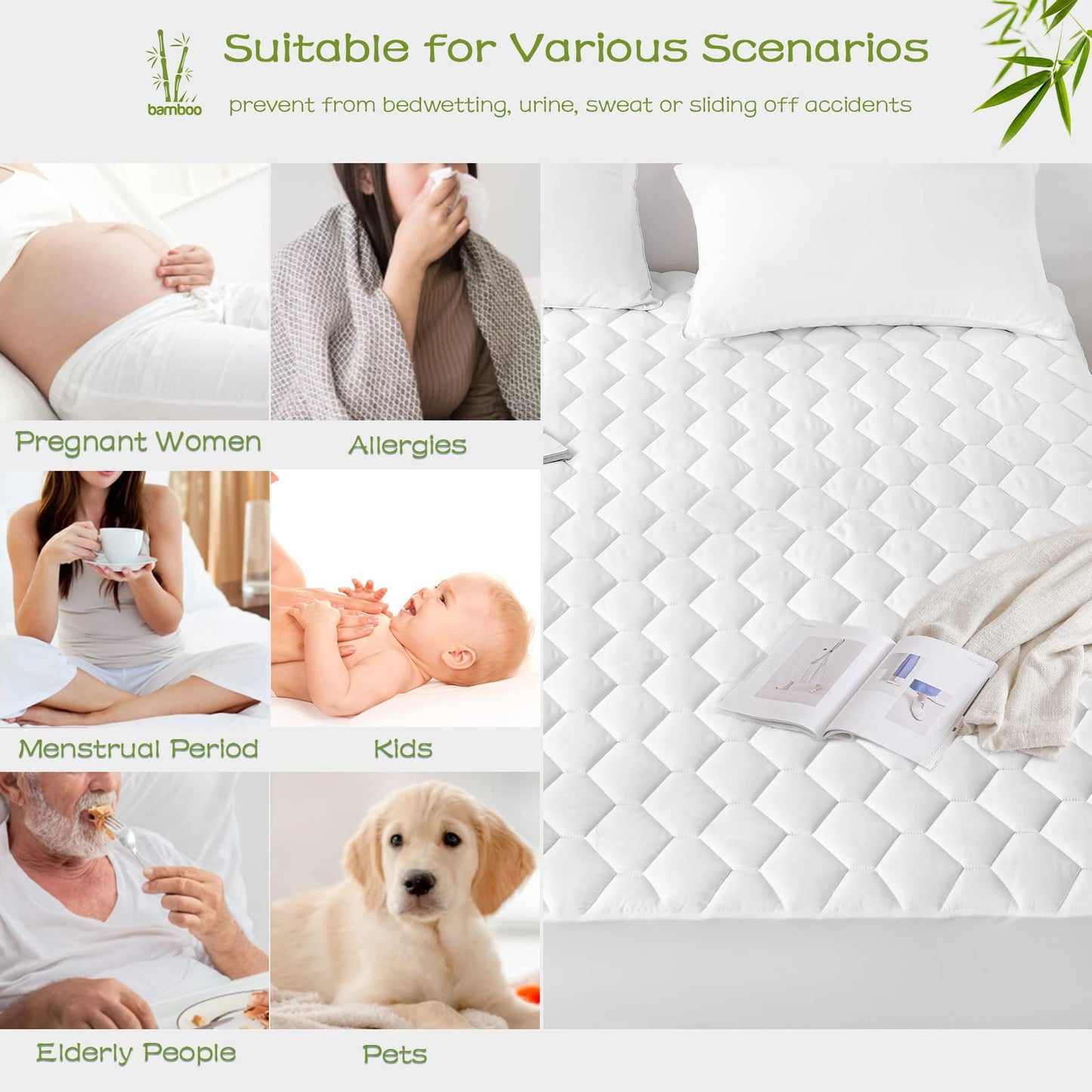 GRT Full Mattress Protector Waterproof, Rayon from Bamboo, Cooling Quilted Fitted Mattress Pad, Noiseless Waterproof Mattress Cover, fits up to 18" Deep, Dust Proof White