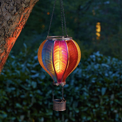 Festive Lights - 45cm Solar Power Rainbow Stain Cool Fiesta Realistic Flame Outdoor Hanging SMD LED Hot Air Balloon Lantern - Multicoloured Glass Effect Flaming Garden Light with Handle