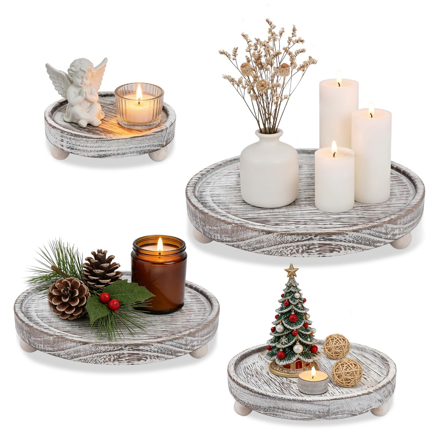 4Pcs Wooden Decorative Tray Riser Candle Holder, Rustic Round Serving Trays for Coffee Table Ottoman, Table Centerpieces Tealight Pillar Perfume Tray for Xmas Wedding Home Decor Farmhouse Bathroom