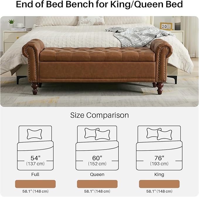 SOFTHION 58.1" Storage Bench Upholstered PU Leather End of Bedroom Bed Bench