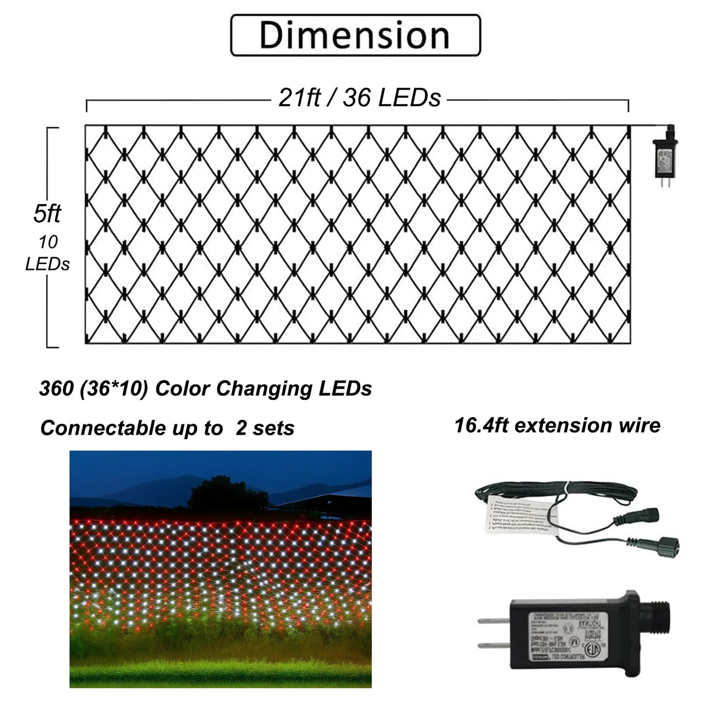 Christmas Net Lights Outdoor, 360 LED 21ft x 5ft Large Net Mesh String Lights 8 Modes, Twinkle Lights Connectable Plug in for Bushes Halloween Hedge Yard Garden Party Decor, Red and White