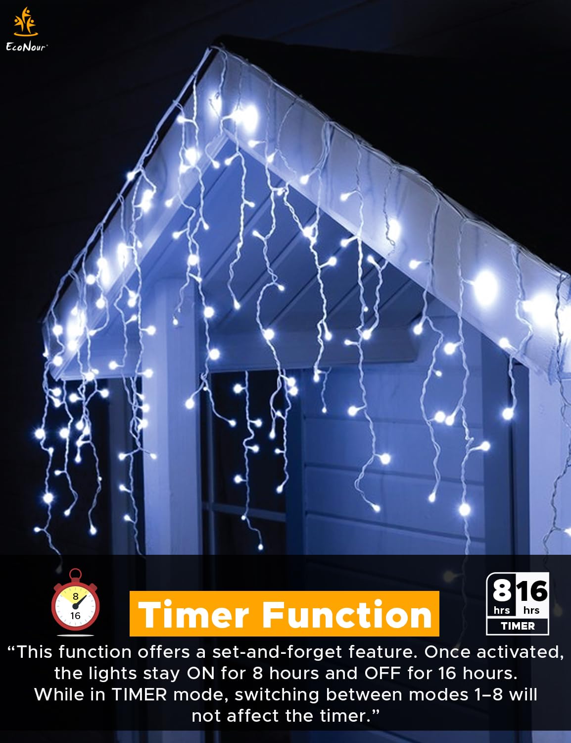 EcoNour Cool White Easter Icicle Lights for Outside, 32.8 FT 360LED Outdoor Icicle Lights with 8 Mode, 8HR Timer, Memory Function, Clear Wire connectable, Plug in Fairy Lights for Roofline, Party