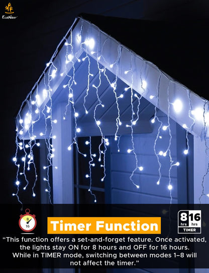 EcoNour Cool White Easter Icicle Lights for Outside, 32.8 FT 360LED Outdoor Icicle Lights with 8 Mode, 8HR Timer, Memory Function, Clear Wire connectable, Plug in Fairy Lights for Roofline, Party