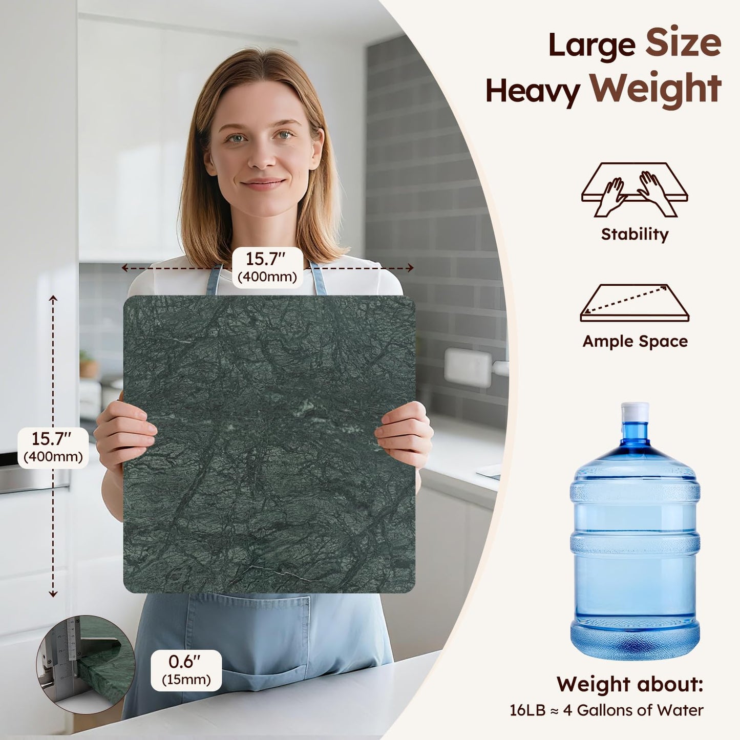 Diflart Natural Marble Stone Cutting Board for Kitchen, 16x16 Inch, Green, Marble Slab Pastry Board Large with Non-Slip Feet for Backing, Cheese, Chocolate, Pack of 1 Piece