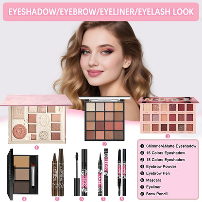 All in One Makeup Kit Makeup Set for Women Full Kit, Make Up Gift Set for Women Teens Girls, Makeup Essential Bundle Includes Eyeshadow Foundation Lipsticks Mascara Eyeliner Cosmetic Brush Set