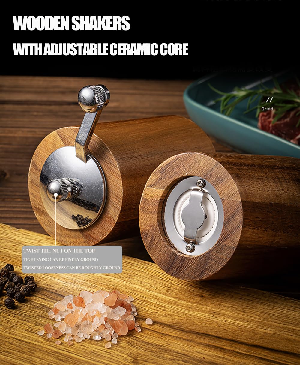 Acacia Wood Salt and Pepper Grinder Mills Sets,Wooden Shakers with Adjustable Ceramic Core,Classic Manual Salt Grinder Refillable Pepper Mill Set with a Gear Crank System for kitchen Spice
