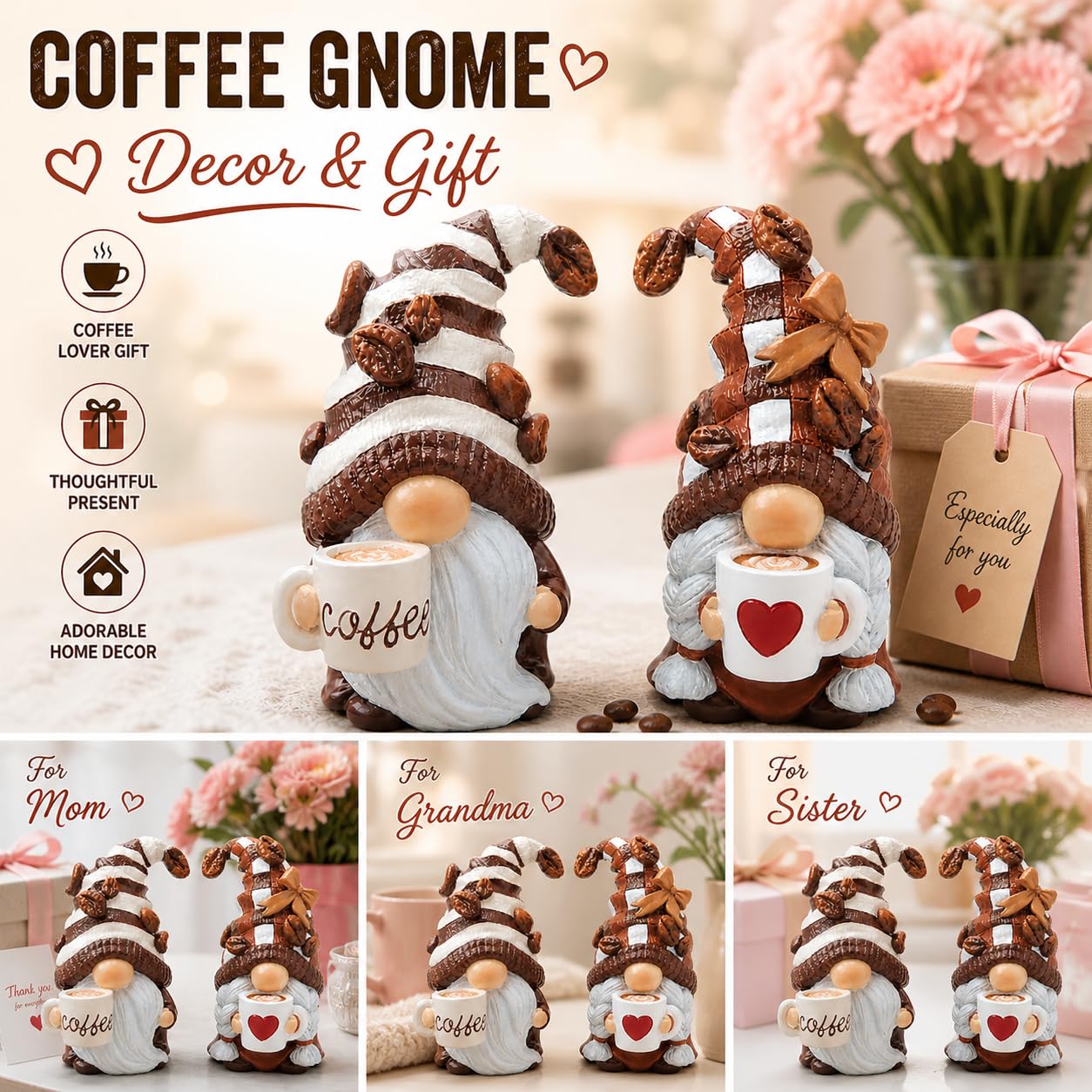 Hodao Gnome Decor Set of 2 Resin Coffee Lover Gifts with Mug, Cute Tiered Tray Figurines for Kitchen Shelf, Farmhouse Countertop, Desktop Accent, Spring Home Display