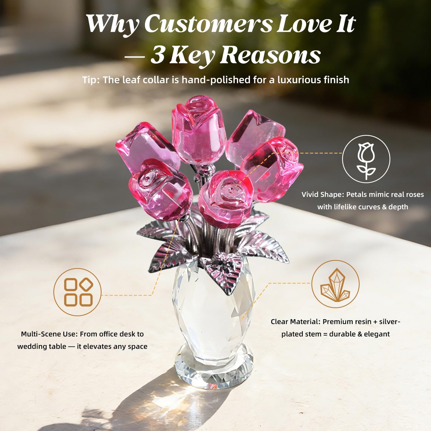 MysticGlitz Pink Crystal Rose Collectible Figurine with Faceted Vase - 5.7" Hand-Crafted Glass Flower Statue - Elegant Keepsake Ornament for Home Decor, Mother's Day, Anniversary, Wedding Gift
