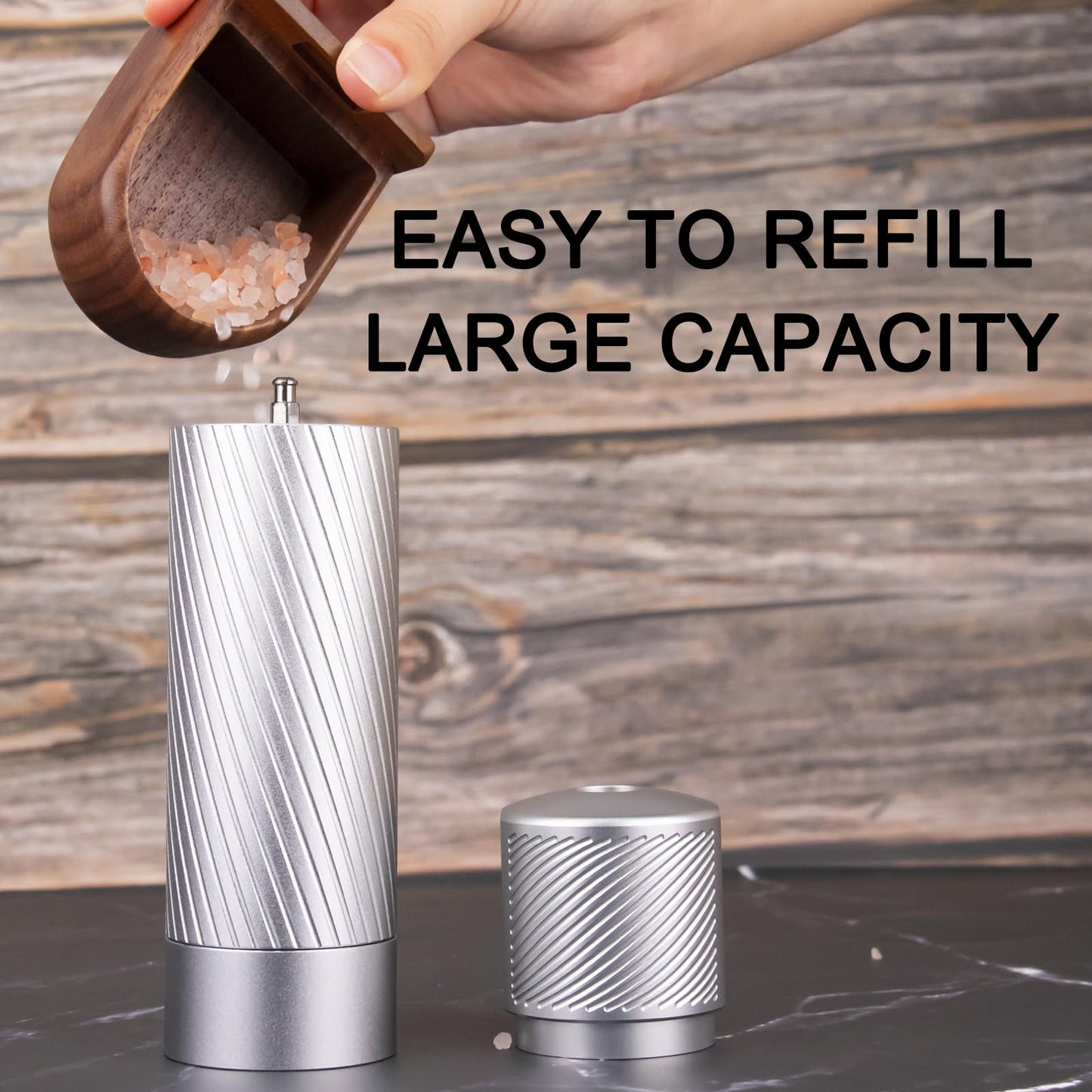 Homnoble Professional Grade Salt Mill, Heavy Duty Refillable Aluminum Manual Salt Mill with Adjustable Coarseness and Ceramic Blade