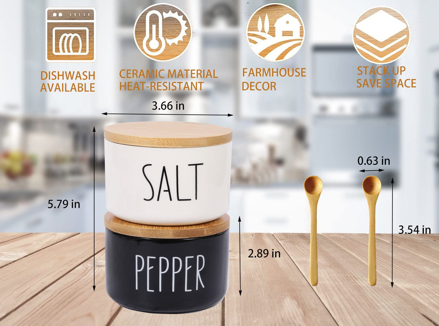 VICUKIE Farmhouse Salt And Pepper Bowls,Stacked Ceramic Salt Cellar With Bamboo Lid, Salt Container With Lid Spoon, Modern Farmhouse Kitchen Decor, Spice Box（Darker Black & White）