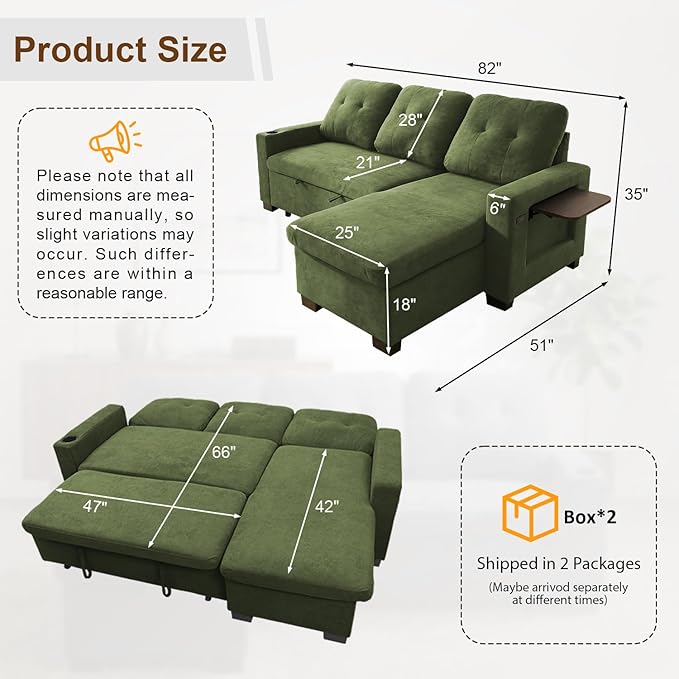KCGKCG 82" L Shaped Sleeper Sofa Bed, Pull Out Sectional Couch