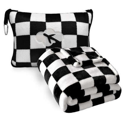 Travel Blanket and Pillow Compact, Premium Soft 2 in 1 Airplane Blanket with Soft Bag Pillowcase，Hand Luggage Sleeve and Backpack Clip (Checkered Black)