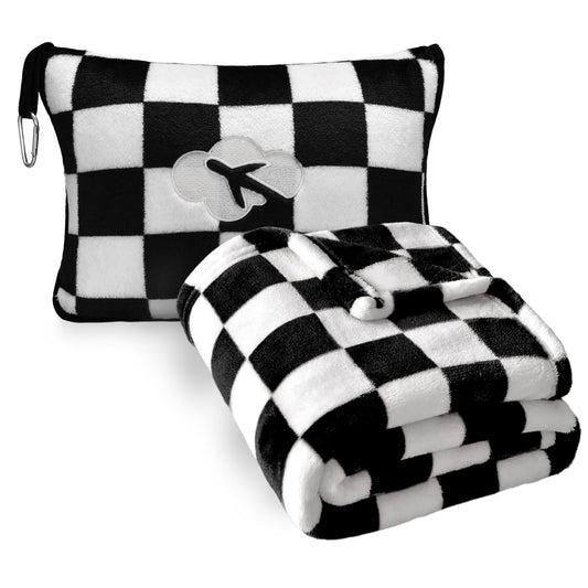 Travel Blanket and Pillow Compact, Premium Soft 2 in 1 Airplane Blanket with Soft Bag Pillowcase，Hand Luggage Sleeve and Backpack Clip (Checkered Black)