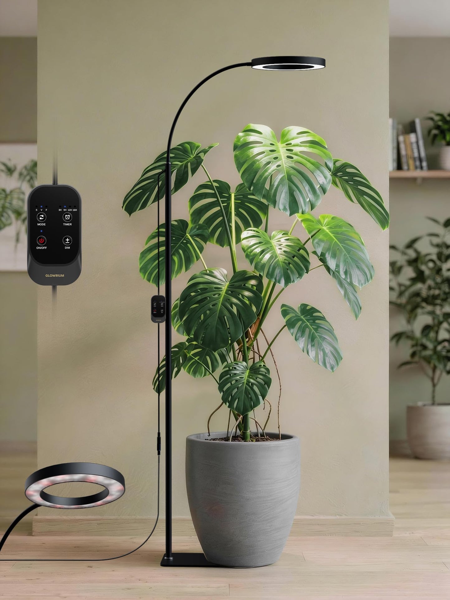GLOWRIUM Grow Lights for Indoor Plants, Full Spectrum LED Grow Light Floor Lamp with Stand Adjustable Height and Angle, Black Plant Light with 3/9/12H Grow Light Timer (Black, 20W)