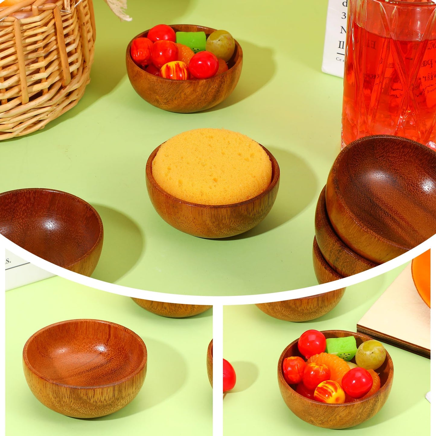JIEYAO 10-Piece 3" Acacia Wood Bowl Set, Rustic Style, Small Wooden Salad Bowls, Hand Carved, Jointless, No Oiling Required