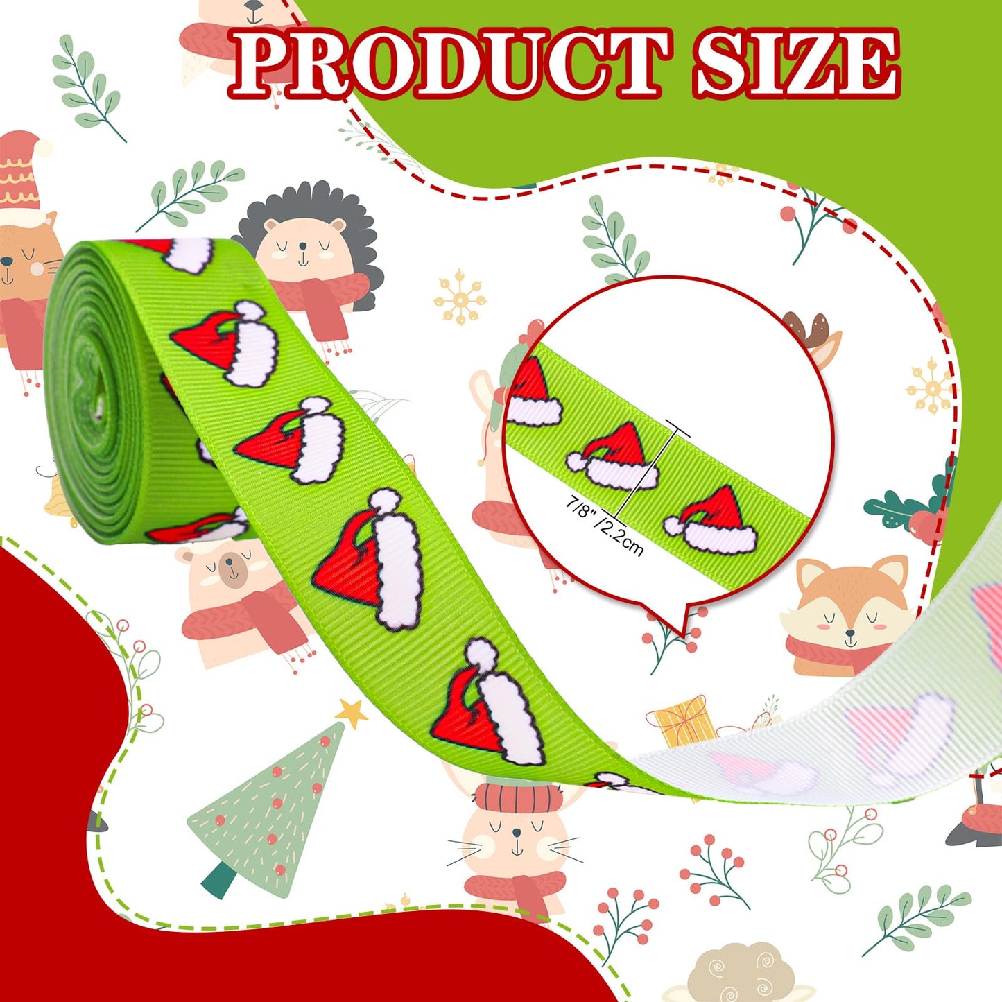 JarThenaAMCS 8 Rolls Christmas Grosgrain Ribbons 7/8" Red Green Xmas Candy Cane Light Bulb Santa Hat Dot Stripe Fabric Craft Ribbon for Holiday Birthday Wreath Bow Gift Wrap Party Decor, 40 Yards