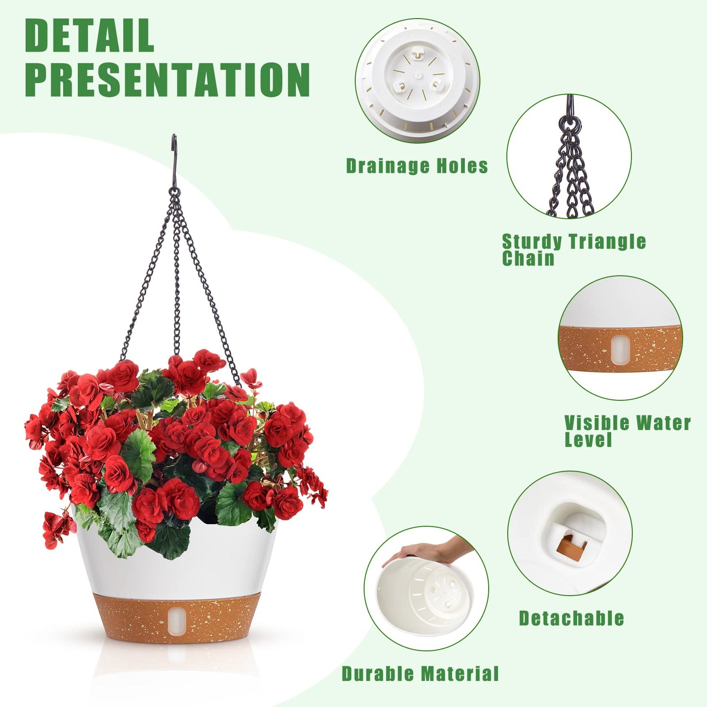 Amyhill 6 Pcs 8 Inch Hanging Planter for Indoor Plants Self Watering Hanging Pot Baskets with Drainage Hole Visible Water Level Tray with Hooks for Garden Outdoor(White)
