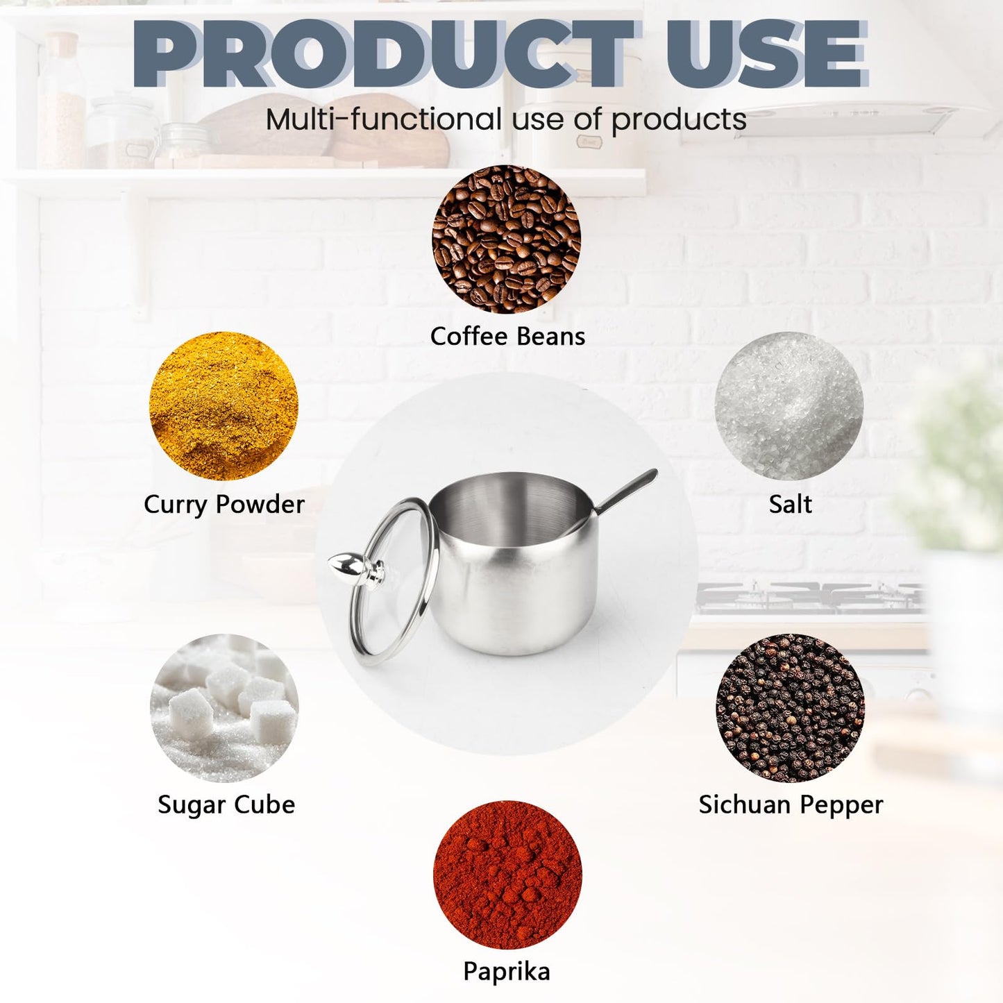 2 Pieces Stainless Steel Sugar Bowl with Lid and Spoon, 8.45 Oz/250 ML Sugar Container for Coffee Bar, Salt Bowls for Countertop Kitchen Storage Pepper Seasoning Coffee Bean Candy Spices, (Silver)