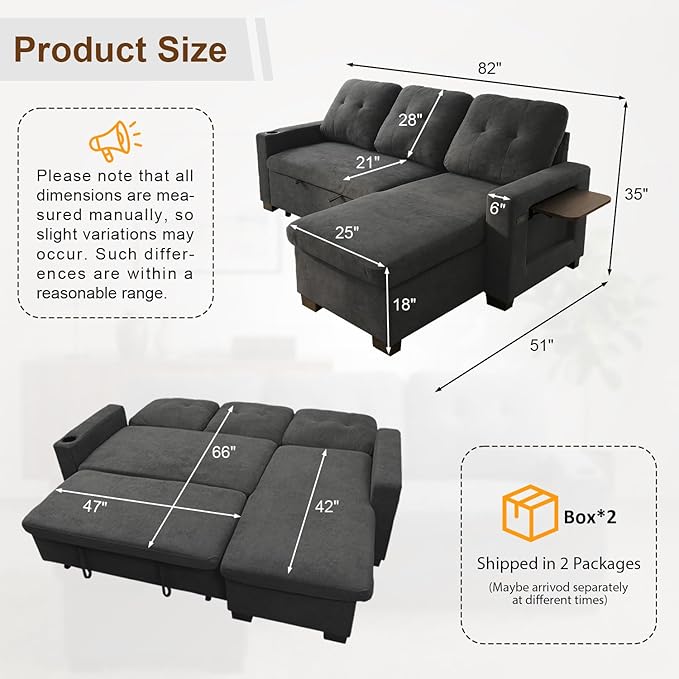 KCGKCG 82" L Shaped Sleeper Sofa Bed, Pull Out Couch Bed