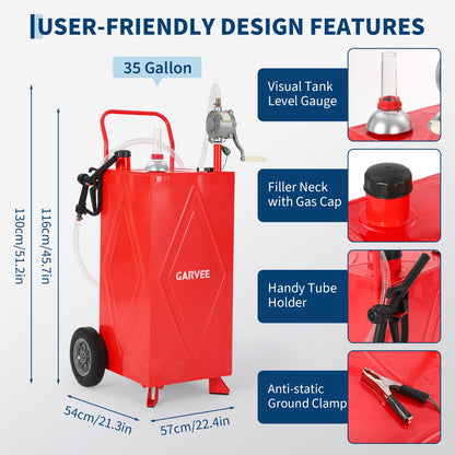 35 Gallon Fuel Gas Caddy Storage Tank, Portable Gas Caddy w/ Wheels, Reversible Manual Hand Pump & Fuel Hose, Anti-Static Grounding Clamp, Vent/Level Gauge, Wide Fill Neck, Gasoline/Diesel Transfer for ATV, Car, Mower, Tractor, Boat