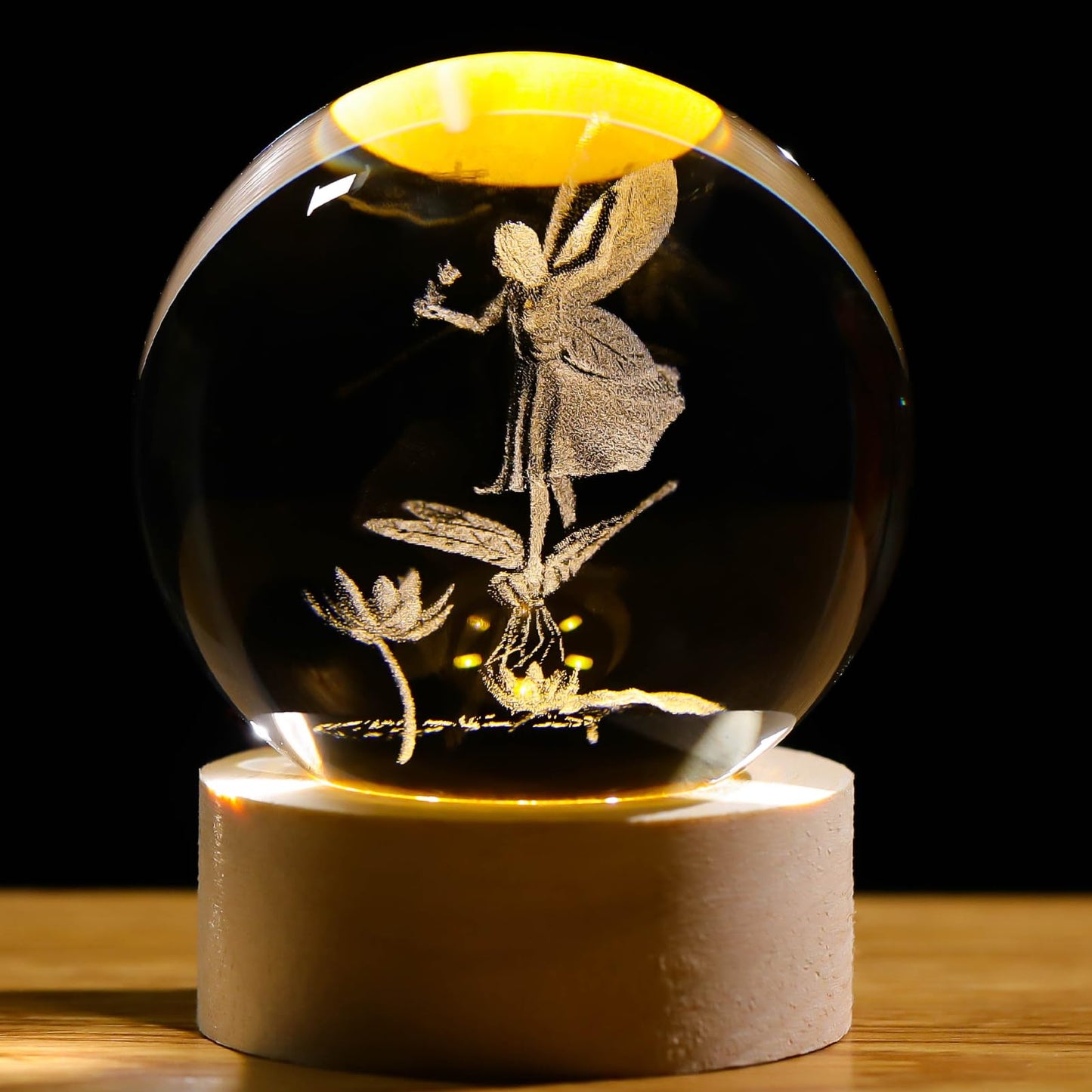 Arikyrist 3D Crystal Ball Lamp Decor Glass Sphere Paperweight with LED Wooden Base, 3D Laser Engraved Glass Fairy Figurines Night Light Gifts for Home Office Decor
