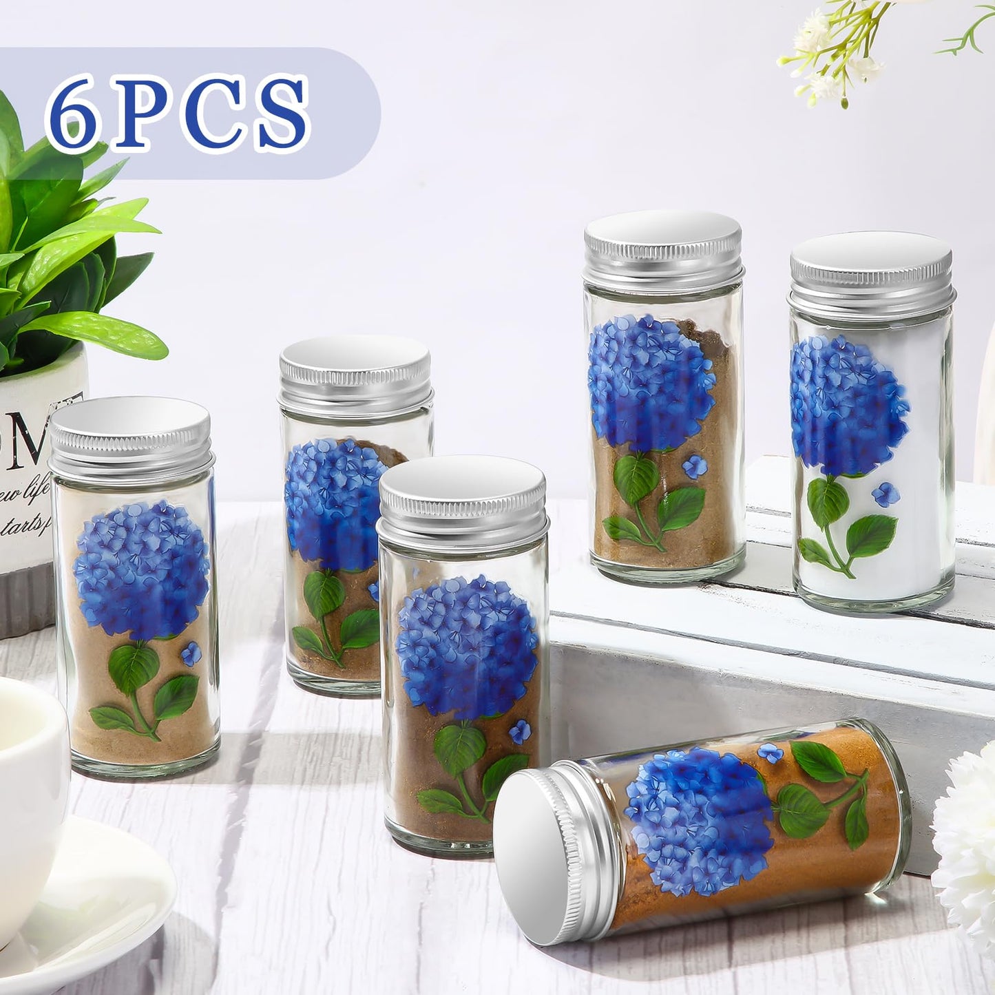 Uiifan 6 Pcs Hand Painted Salt Pepper Shakers Set Blue Hydrangeas Salt Glass Pepper Shakers Hand Painted Clear Christmas Gifts for Women Kitchen Wedding Home Decor