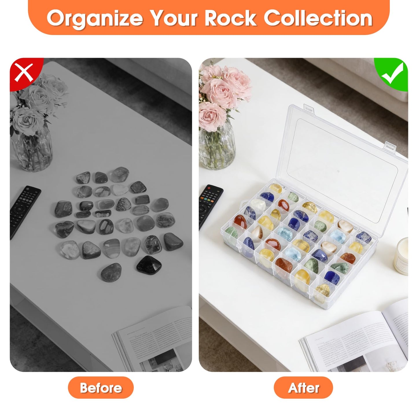 2 Pack Rock Collection Box, 36 Grids Rock Display Case with Adjustable Dividers, Clear Plastic Box Ideal for Rock Collection, Suitable for Crystal, Gemstone, Fossil, Seashells, Jewelry, Beads, Crafts