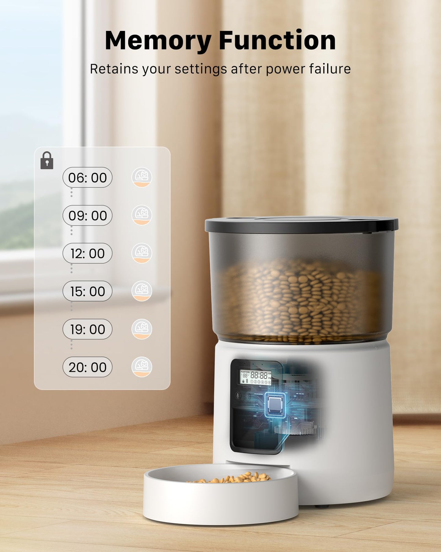 BEMOONY Automatic Cat Feeder, Cat Food Dispenser with 1-6 Meals, Customized Feeding Schedule for Cats & Dogs, Dual Power Supply, Double Lock, 10s Voice, 3L Pet Feeder Including Desiccant Bag, White