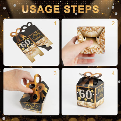 Qonmpcvu Square Boxes For Gifts, Black And Gold Decorations Box,60th Birthday Favor Bags, 60th Party Favors Gifts Box, Favor Boxes For Party, Black And Gold Happy Birthday Bags With Candy (BLACK Gold, M)