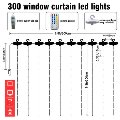 Dazzle Bright Curtain String Lights, 300 LED 9.8ft x 9.8ft 8 Lighting Modes Fairy Lights USB Powered, Waterproof Lights for Christmas Party Wedding Outdoor Indoor Wall Decorations (White)