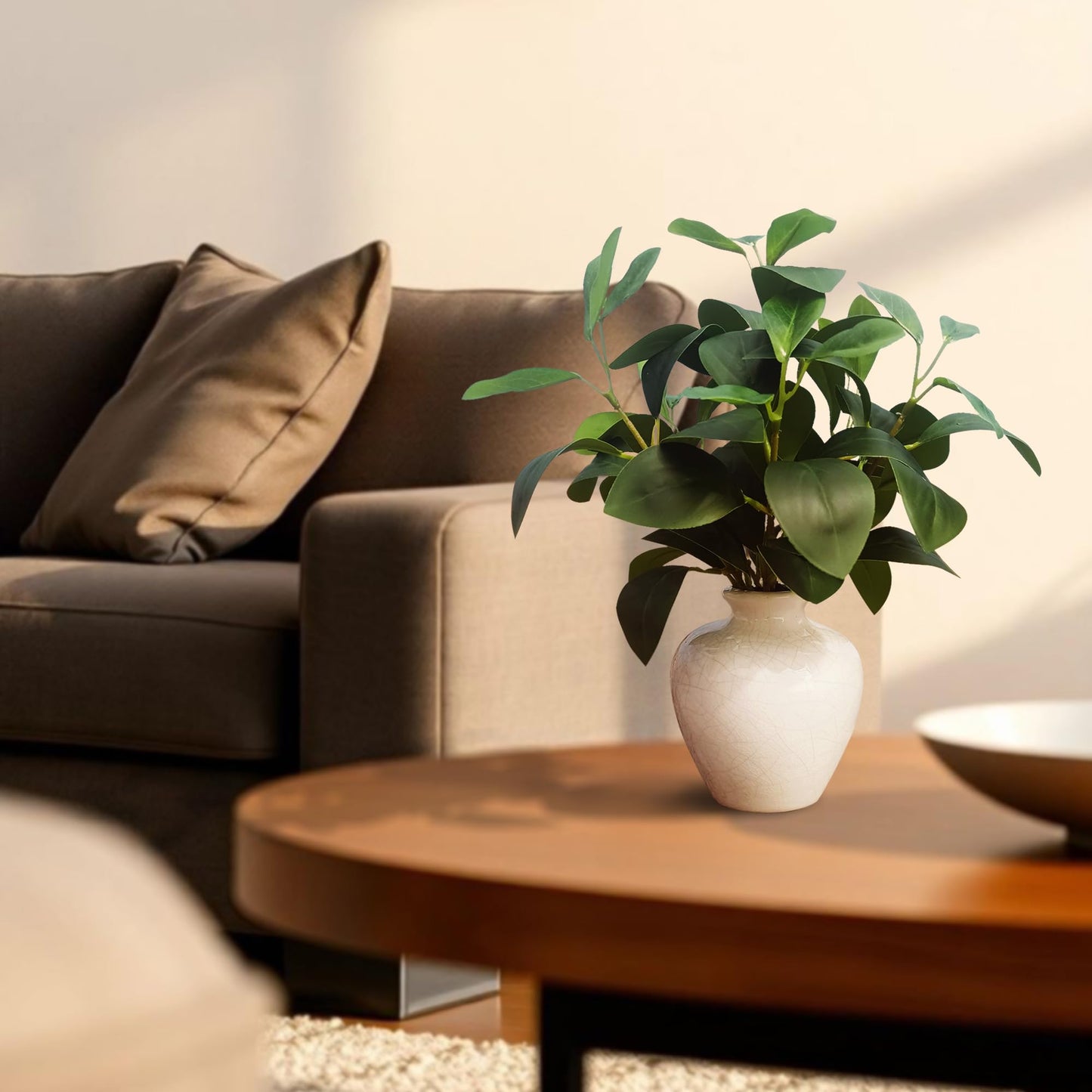 XINMAMODA 13-inch Artificial Pilea Leaves - Fake Green Plants in the Ceramic vase, Small Bedroom Faux Potted Plant, Suitable for Rustic Style bathrooms, Kitchens, desks as Decoration.