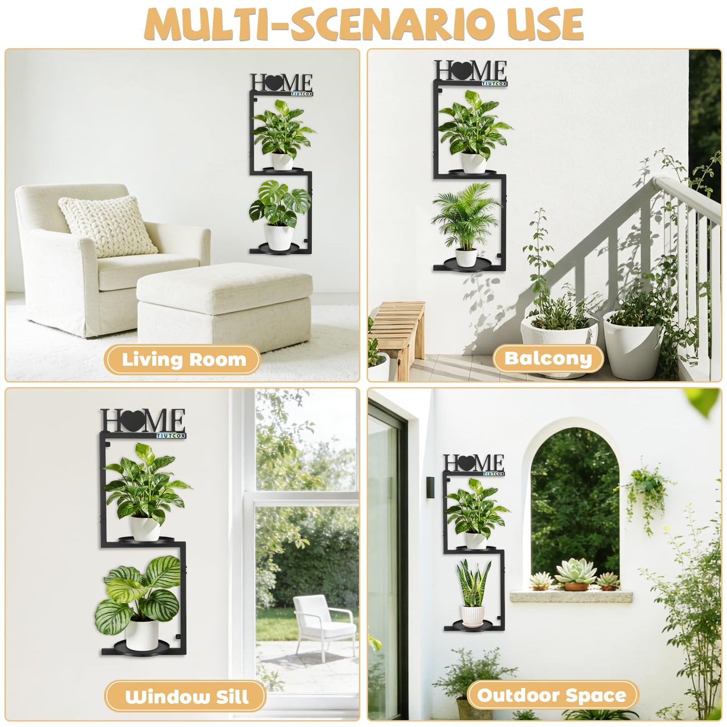 TIUTCOX Wall Plant Holder Metal, Plant Frames Wall Decor, Wall Plant Stands for Indoor&Outdoor with Letters HOME Decor, 2 Round Flower Pot Trays, 12*7.87*34.33 Inch, Black