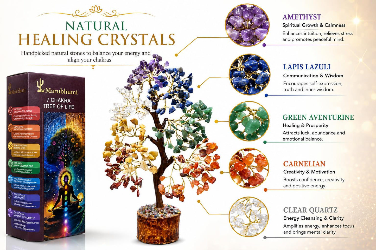 Marubhumi 7 Chakra Healing Crystal Tree Kit – Handmade Gemstone Bonsai Tree for Home Decor, Positive Energy, Feng Shui Good Luck, Money Prosperity Spiritual Gift Set for Women Mom Birthday Meditation