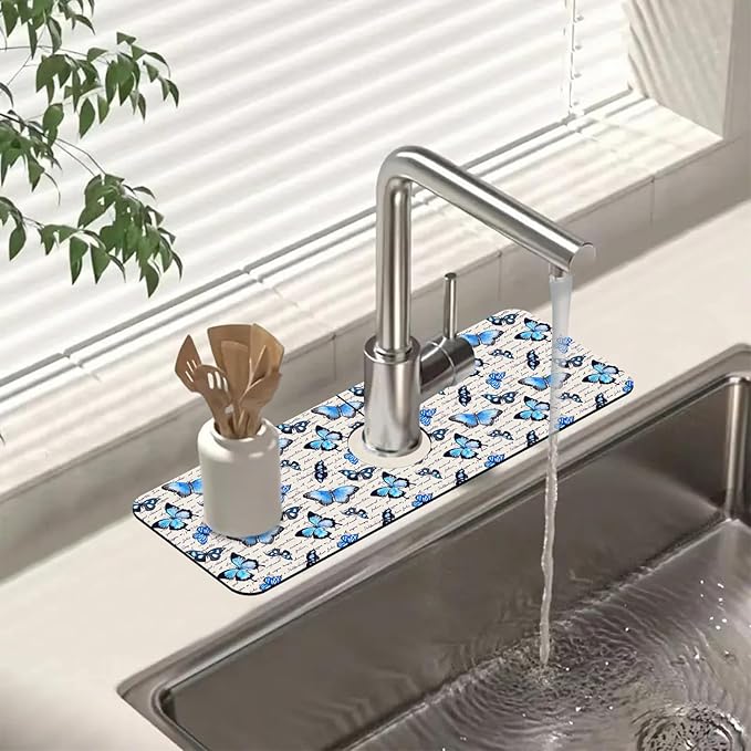 Sink Splash Guard Faucet Mat Watercolor Butterflies Absorbent Fast Drying Mat