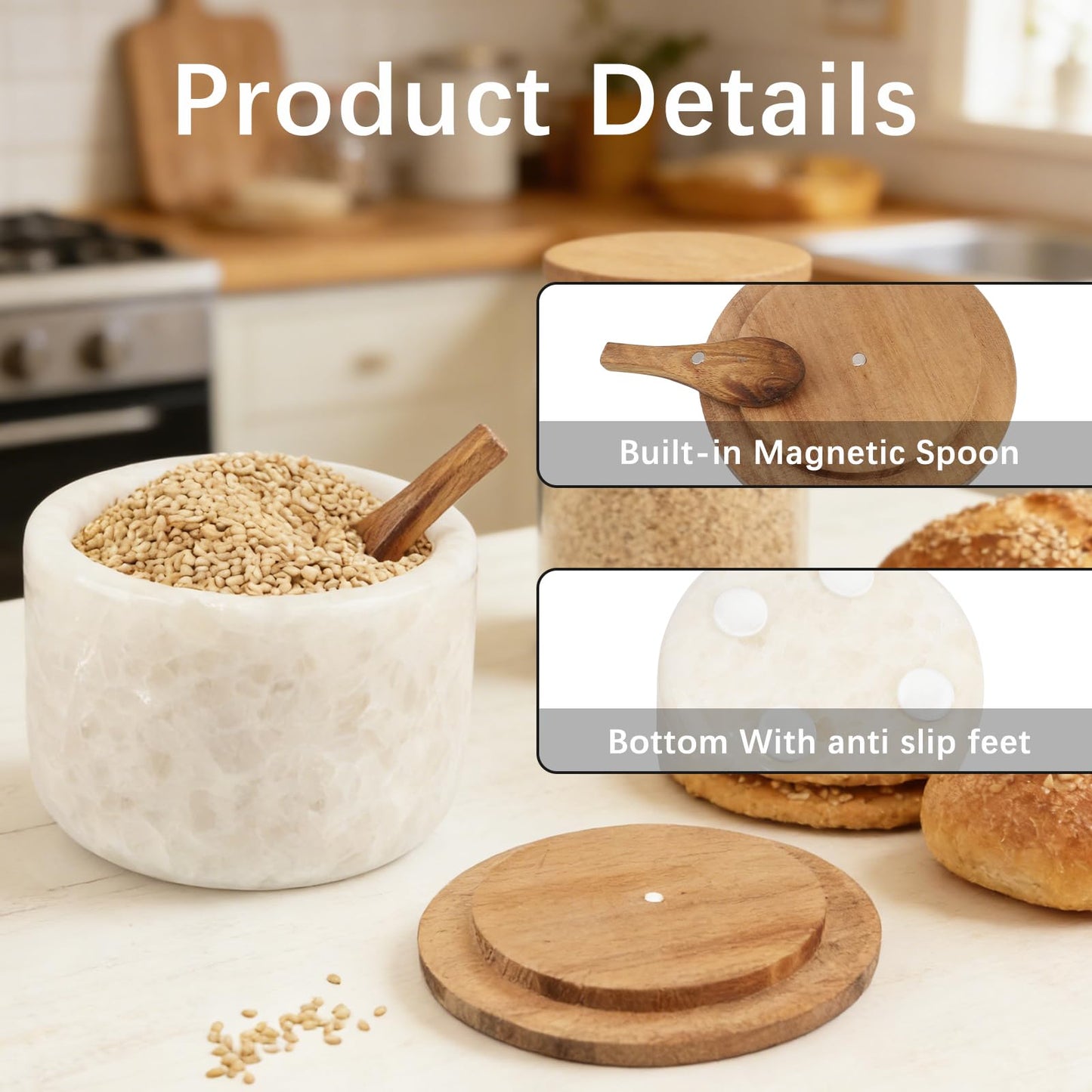 Lc.Courage Salt and Pepper Spice Cellar, Marble Container for Coffee, Sugar, Spices and Candies, With Built-in Magnetic Attraction Spoon and Acacia Wood Lid, 6.5 oz (Snowflake White)