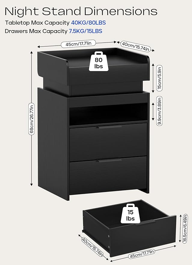 Turosur LED Night Stand with Gun Drawer, Smart Nightstand with Hidden Charging