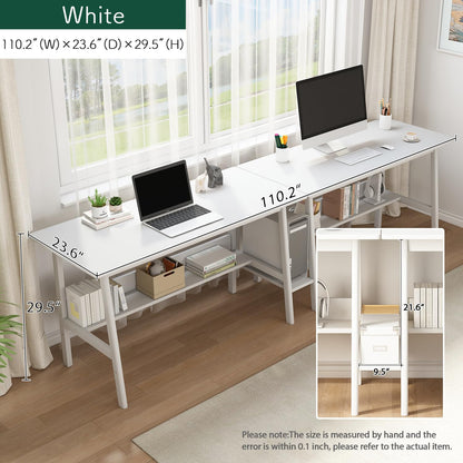 NELYE 2-Person Writing Desk with Bookshelf - 110" Wooden Extra Long Home Office Work Table, Double Study Computer Workstation with Storage Shelves in White, 110" W x 24" D