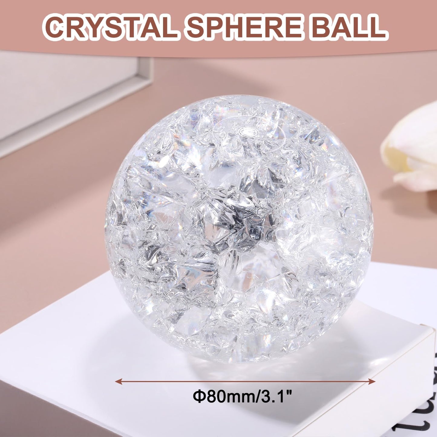 uxcell 80mm/3.1" Crystal Sphere Ball Ice Cracked Glass Solid Decorative Sphere Crystal Ball Prop Ornament for Feng Shui Divination Fortune Telling Tabletop Fountain Decoration, Clear