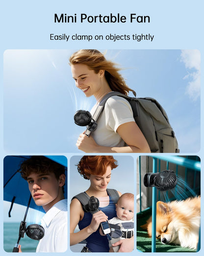 SWEETFULL Stroller Fan with Clip - Portable Rechargeable Mini Fan with Strong Clamp, 3 Speeds, 11Hrs Cooling, Cute Small Personal Desk Cooler for Bed Pet Carriers Umbrell Travel Outdoor - Black