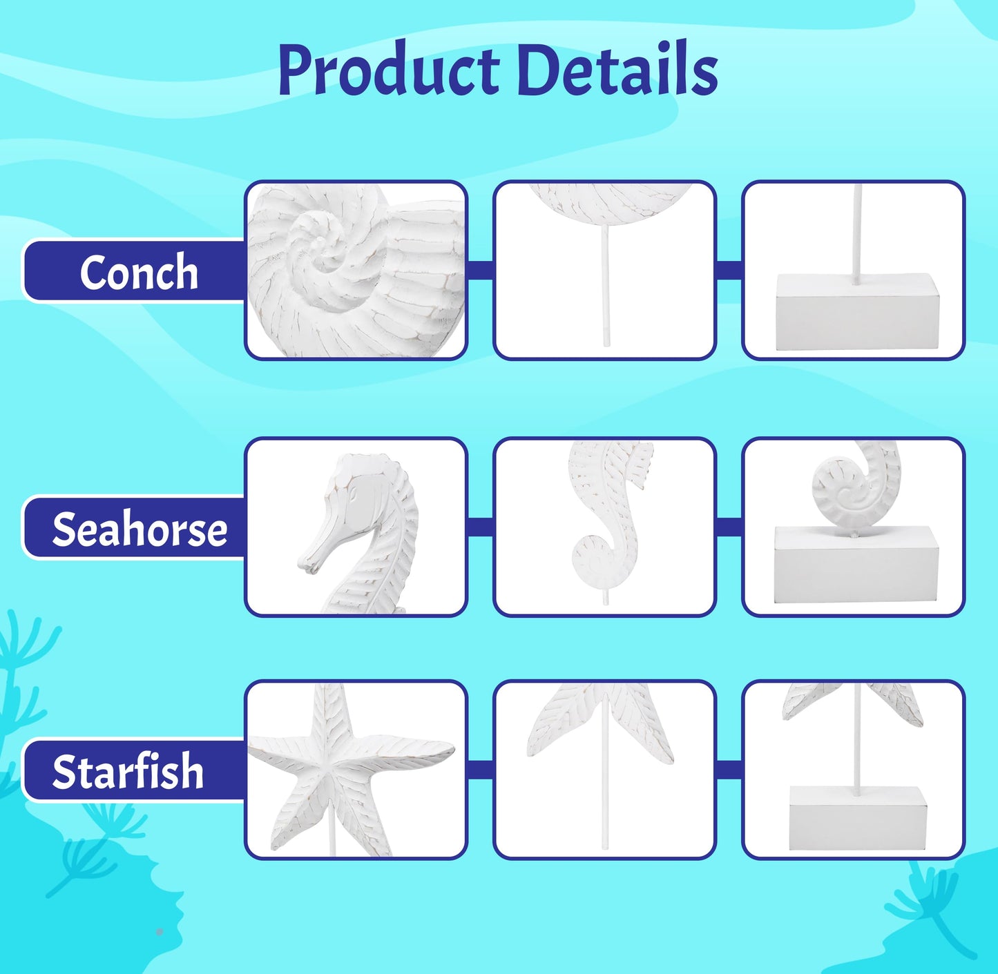 Gift Boutique 3Pcs Beach Nautical Style Figurines Wooden Tabletop Decor - Seahorse, Starfish & Conch Statue on Stands for Home, Beach House, Ocean Coastal Decorations