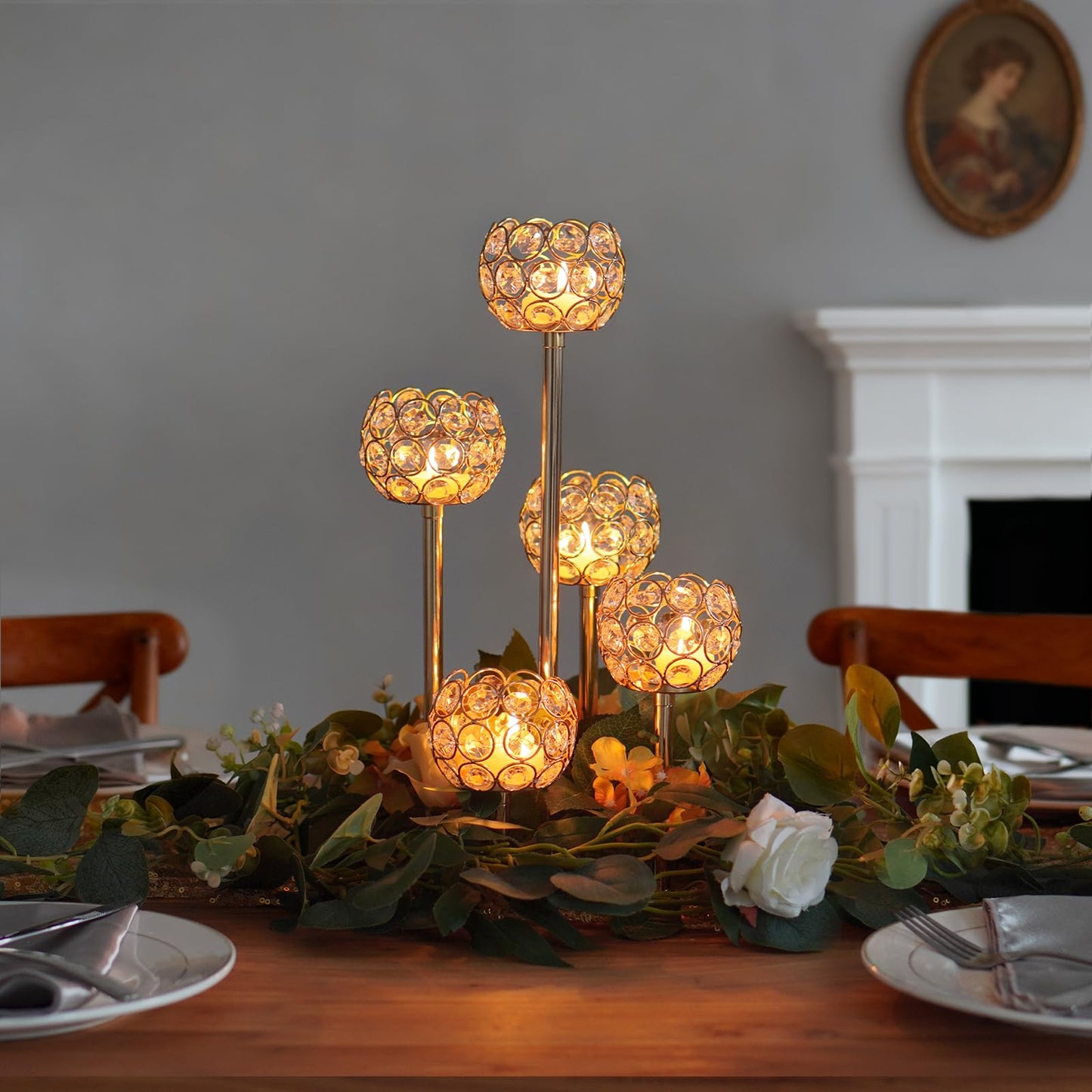 Kolnlala 5-Arm Crystal Tealight Candelabra Centerpiece, 14.8 Inch Metal Candle Holder for Table Decor, Wedding, Christmas, Party, Anniversary & Home Decoration (1, Gold, S-14.8 in)
