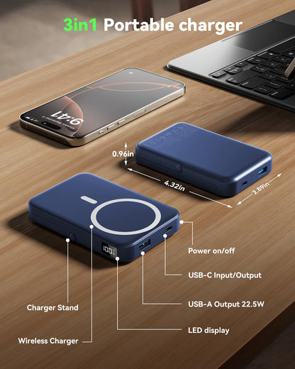 for Magsafe Battery Pack 10000mAh Power Bank with Foldable Stand Portable Charger,PD 22.5W Fast Charge,Travel Essential Wireless Charger for iPhone 17/16/15/14/13/12 Series–Black